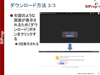 ©SIProp Project, 2006-2017 33
ダウンロード方法 1/3
SDR-Radioのサイトの下記の場所をクリックする
Version3 -> Getting Started -> Downloads
 