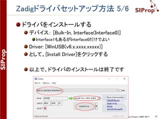 ©SIProp Project, 2006-2017 47
Zadigドライバセットアップ方法 3/6
ダウンロードしたファイルを実行すると、下記の
画面が表示される
 