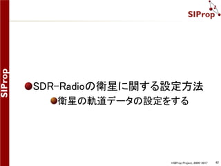 ©SIProp Project, 2006-2017 62
地上局の位置情報の登録 5/6
世界的に調べたい場合は下記のサイトを利用
http://flood.firetree.net/
例：東京駅(緯度:35.681167 経度:139.767052)
紫に着色されている箇所が、海抜「9m」以下となる
http://flood.firetree.net/?ll=35.681167,139.767052
 
