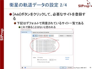 ©SIProp Project, 2006-2017 64
SDR-Radioの衛星に関する設定方法
衛星の軌道データの設定をする
 