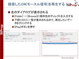 ©SIProp Project, 2006-2017 91
SDR-Radioで周波数のずれを修正する 4/4
赤円の周波数ピークと赤四角が重なるように、
PPMの値を増減させる
例では、「-2.20」にしている
 