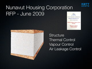Nunavut Housing Corporation
RFP - June 2009



                 Structure
                 Thermal Control
                 Vapour Control
                 Air Leakage Control
 