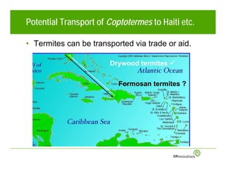 Potential Transport of Coptotermes to Haiti etc.

• Termites can be transported via trade or aid.

                       Drywood termites

                          Formosan termites ?
 