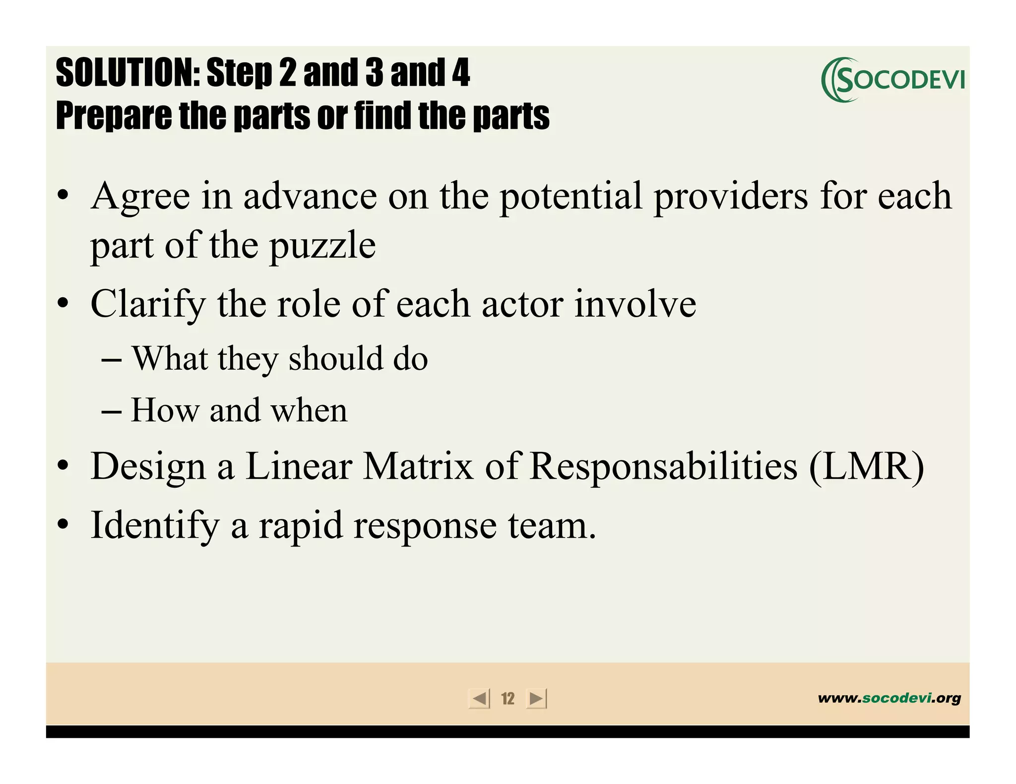 SOLUTION: Step 2 and 3 and 4
Prepare the parts or find the parts

• Agree in advance on the potential providers for each
  part of the puzzle
• Clarify the role of each actor involve
   – What they should do
   – How and when
• Design a Linear Matrix of Responsabilities (LMR)
• Identify a rapid response team.



                               12            www.socodevi.org
 