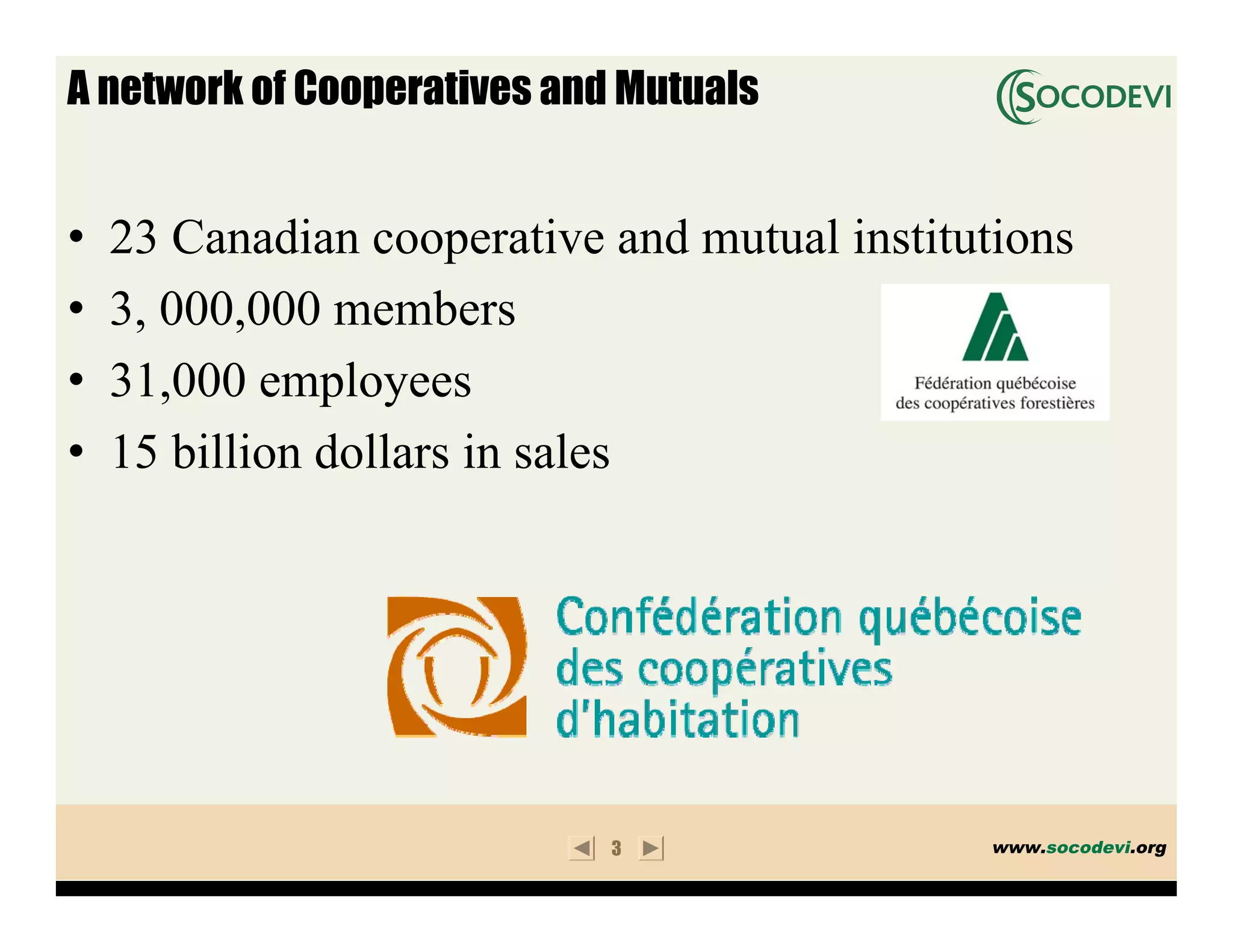 A network of Cooperatives and Mutuals


•   23 Canadian cooperative and mutual institutions
•   3, 000,000 members
•   31,000 employees
•   15 billion dollars in sales




                             3                www.socodevi.org
 
