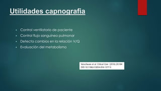 Utilidades capnografia
▶ Control ventilatorio de paciente
▶ Control flujo sanguíneo pulmonar
▶ Detecta cambios en la relación V/Q
▶ Evaluación del metabolismo
 