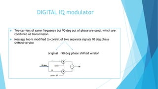 DIGITAL IQ modulator
 Two carriers of same frequency but 90 deg out of phase are used, which are
combined at transmission.
 Message too is modified to consist of two separate signals 90 deg phase
shifted version
original 90 deg phase shifted version
 