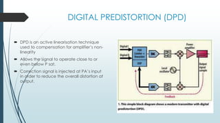 DIGITAL PREDISTORTION (DPD)
 DPD is an active linearisation technique
used to compensation for amplifier’s non-
linearity
 Allows the signal to operate close to or
even below P sat.
 Correction signal is injected at PA’s input
in order to reduce the overall distortion at
output.
 