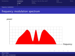 Introduction modulation Receivers, how do they work? SDR Demo
frequency modulation
frequency modulation spectrum
frequency
power
Oliver Wisler
SDR a short introduction
 
