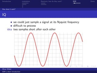 Introduction modulation Receivers, how do they work? SDR Demo
How does it work?
IQ
we could just sample a signal at its Nyquist frequency
diﬃcult to process
idea two samples short after each other
Oliver Wisler
SDR a short introduction
 