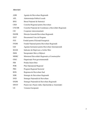 2
Abrevieri
ADR Agenție de Dezvoltare Regională
APL Administrația Publică Locală
BNS Biroul Național de Statistică
CRD Consiliul Regional pentru Dezvoltare
CNCDR Consiliul Național de Coordonare a Dezvoltării Regionale
CIC Cooperare intercomunitară
DGDR Direcția Generală Dezvoltare Regională
DUP Documentul Unic de Program
FEE Fondul pentru Eficiență Energetică
FNDR Fondul Național pentru Dezvoltare Regională
GIZ Agenția Germaniei pentru Dezvoltare Internațională
IDAM Indicator de Deprivare a Ariilor Mici
IMM Întreprinderi Mici și Mijlocii
MDRC Ministerul Dezvoltării Regionale și Construcțiilor
ONG Organizație Non-guvernamentală
PIB Produs Intern Brut
POR Plan Operațional Regional
PRS Program Regional Sectorial
RDS Regiunea de Dezvoltare Sud
SDR Strategie de Dezvoltare Regională
SND Strategia Națională de Dezvoltare
SNDR Strategia Națională de Dezvoltare Regională
SWOT Puncte tari, Puncte slabe, Oportunități și Amenințări
UE Uniunea Europeană
 