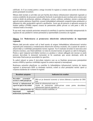 40
calificată. Ar fi un avantaj pentru a atrage investiții în regiune și crearea unui centru de informare
pentru potențialii investitori.
Măsura dată include și activități care pot facilita dezvoltarea infrastructurii industriale regionale și
crearea condițiilor de procesare a produselor horticole in perioada de post-recoltare prin crearea unor
centre și dotări de prelucrare, păstrare, refrigerare, sortare, calibrare, ambalare, stocare a produselor
agricole pentru păstrarea frigorifică, aceasta îmbunătățind substanțial competitivitatea produselor și
obținerea de către producătorii agricoli a profiturilor. Acest gen de proiecte și aplicarea acestora la
fonduri publice (FNDR) impune crearea de parteneriate public private cu cotă parte a APL în
valoarea totală a investiției.
În așa mod, toate acțiunile proiectate urmează să contribuie la sporirea intensității antreprenoriale în
regiunea de sud, punând în valoare potențialul și oportunitățile economice ale regiunii.
Măsura 2.4. Modernizarea și promovarea obiectivelor cultural-turistice de importanță
regională
Măsura dată prevede acțiuni soft și hard menite să asigure îmbunătățirea infrastructurii turistice
regionale prin restaurarea și modernizarea obiectivelor turistice existente, cât și acțiuni de sporire a
atractivității și vizibilității potențialului turistic regional. Vor fi realizate investiții în renovarea unor
obiective turistice, care fiind reabilitate vor intra în circuitul turistic al regiunii și a țării în întregime.
Pentru a spori impactul activităților turistice și a produce o valoare adăugată este necesar ca unele
proiecte dezvoltate în domeniul turismului să fie canalizate spre aceste destinații, ariile de
intervenție fiind axate pe necesitățile lor specifice.
În cadrul măsurii ar putea fi dezvoltate inițiative care au ca finalitate promovarea potențialului
turistic al RDS și sporirea vizibilității regiunii în context național și internațional.
Realizarea acțiunilor planificate va contribui la îmbunătățirea infrastructurii turistice de interes
regional și promovarea RDS ca destinație turistică, având ca efect potențialul turistic sporit și
creșterea numărului de vizitatori în regiune.
Rezultate așteptate Indicatori de rezultat
Dezvoltăre economică și
turistică a RDS planificată
PRS–uri pe domeniul economie și turism elaborate și aprobate de CRD
Sud
Servicii și infrastructură de
suport în afaceri dezvoltată
Dotări de infrastructură create, nr.
Număr de parteneriate public-private create pentru dezvoltarea
infrastructurii agricole regionale, nr.
Obiective cultural-turistice de
importanță regională
modernizate și promovate
Obiective turistice reabilitate, nr.
 