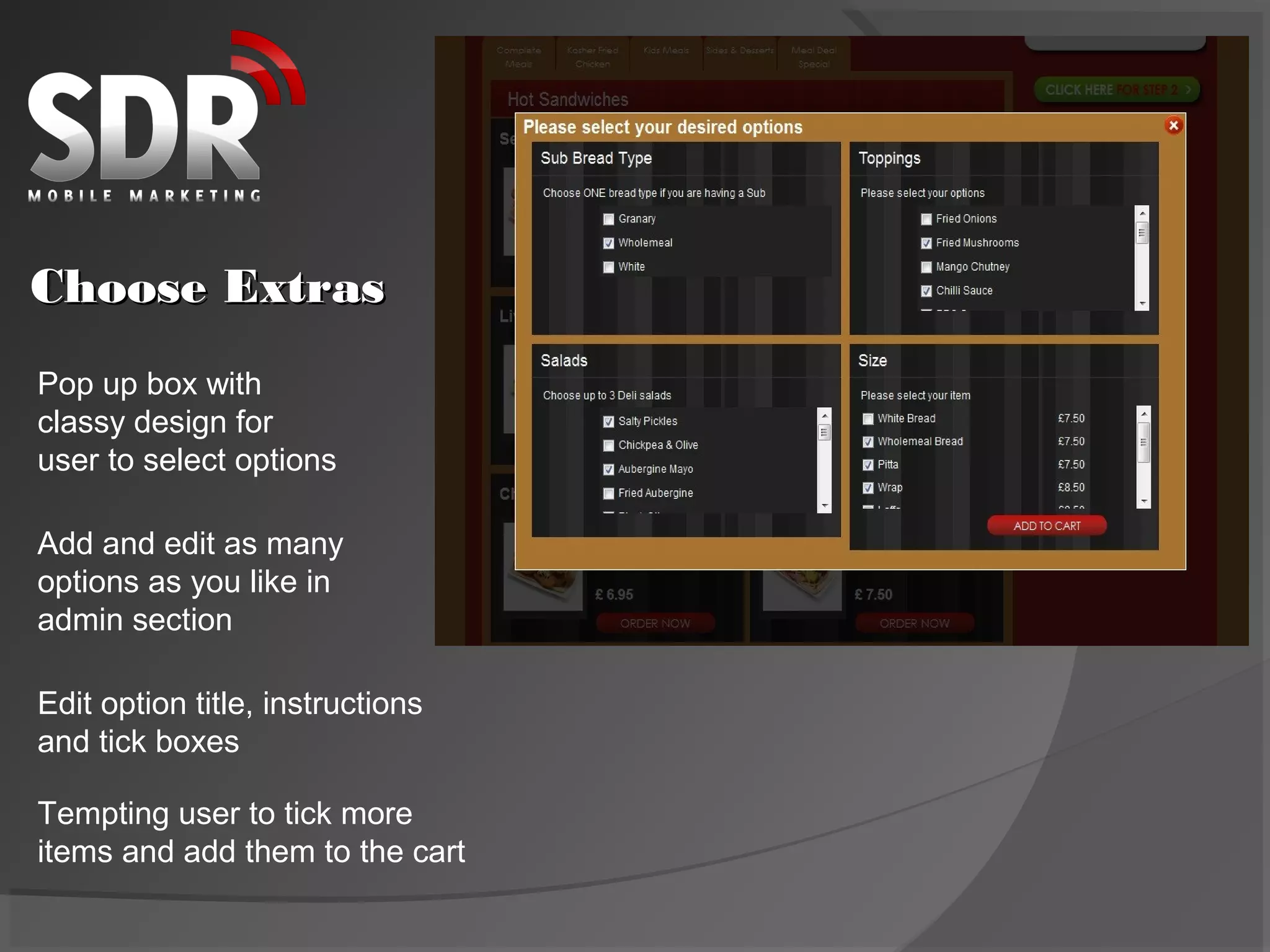 Choose Extras
Pop up box with
classy design for
user to select options

Add and edit as many
options as you like in
admin section

Edit option title, instructions
and tick boxes

Tempting user to tick more
items and add them to the cart
 