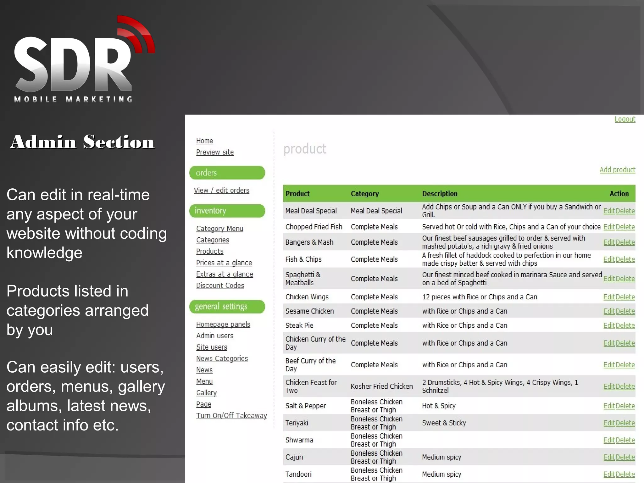 Admin Section

Can edit in real-time
any aspect of your
website without coding
knowledge

Products listed in
categories arranged
by you

Can easily edit: users,
orders, menus, gallery
albums, latest news,
contact info etc.
 