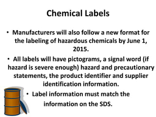 Chemical Labels
• Manufacturers will also follow a new format for
the labeling of hazardous chemicals by June 1,
2015.
• All labels will have pictograms, a signal word (if
hazard is severe enough) hazard and precautionary
statements, the product identifier and supplier
identification information.
• Label information must match the
information on the SDS.
 