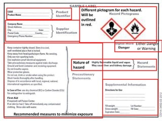 Recommended measures to minimize exposure
Nature of
hazard
Different pictogram for each hazard.
Will be
outlined
in red.
Either Danger
or Warning
 