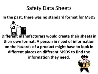 Safety Data Sheets
In the past, there was no standard format for MSDS
Different manufacturers would create their sheets in
their own format. A person in need of information
on the hazards of a product might have to look in
different places on different MSDS to find the
information they need.
 