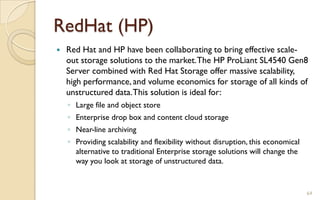 RedHat (HP)
64
 Red Hat and HP have been collaborating to bring effective scale-
out storage solutions to the market.The HP ProLiant SL4540 Gen8
Server combined with Red Hat Storage offer massive scalability,
high performance, and volume economics for storage of all kinds of
unstructured data.This solution is ideal for:
◦ Large file and object store
◦ Enterprise drop box and content cloud storage
◦ Near-line archiving
◦ Providing scalability and flexibility without disruption, this economical
alternative to traditional Enterprise storage solutions will change the
way you look at storage of unstructured data.
 