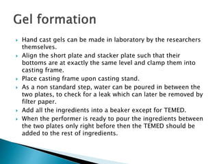  Hand cast gels can be made in laboratory by the researchers
themselves.
 Align the short plate and stacker plate such that their
bottoms are at exactly the same level and clamp them into
casting frame.
 Place casting frame upon casting stand.
 As a non standard step, water can be poured in between the
two plates, to check for a leak which can later be removed by
filter paper.
 Add all the ingredients into a beaker except for TEMED.
 When the performer is ready to pour the ingredients between
the two plates only right before then the TEMED should be
added to the rest of ingredients.
 
