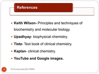 References
Dr Anurag yadav,Bio-FMMC15
 Keith Wilson- Principles and techniques of
biochemistry and molecular biology.
 Upadhyay- biophysical chemistry.
 Tietz- Text book of clinical chemistry.
 Kaplan- clinical chemistry.
 YouTube and Google images.
 