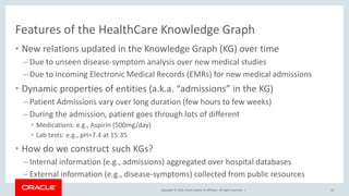 Copyright © 2019, Oracle and/or its affiliates. All rights reserved. |
Features of the HealthCare Knowledge Graph
• New relations updated in the Knowledge Graph (KG) over time
– Due to unseen disease-symptom analysis over new medical studies
– Due to incoming Electronic Medical Records (EMRs) for new medical admissions
• Dynamic properties of entities (a.k.a. “admissions” in the KG)
– Patient Admissions vary over long duration (few hours to few weeks)
– During the admission, patient goes through lots of different
• Medications: e.g., Aspirin (500mg/day)
• Lab tests: e.g., pH=7.4 at 15:35
• How do we construct such KGs?
– Internal information (e.g., admissions) aggregated over hospital databases
– External information (e.g., disease-symptoms) collected from public resources
13
 