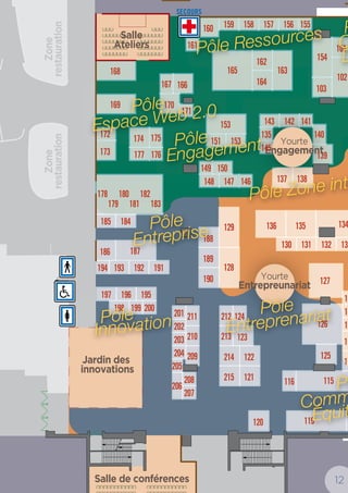 22 23
Liste des
Exposants suite
www.SalonDesSolidarites.org
	166	Initiatives de Développement
Stratégique
www.ids21.org
	34	Institut Bioforce
www.institutbioforce.fr
	32	Institut de Coopération
Internationale - ONG Side
www.institut-cooperation.com
	40	Intercordia
www.intercordia.org
	33	Ircom
www.ircom.fr
	123	Institut de Recherche
pour le Développenent
www.ird.fr
	7	Intered
www.intered.org
	38	IRIS Sup - l’école des Relations
Internationales de l’Iris
www.iris-sup.org
	70	Jeunesse Et Reconstruction
www.volontariat.org
	128	Kabyle.com
	128	Kabyle Imazighen de l’Essonne
	118	Key Travel SA
www.keytravel.com
	122	KHOTWA
	115	La Délégation Catholique
pour la Coopération
www.ladcc.org
	170	La Gerbe Ressourcerie
www.lagerbe.org
	67	La Guilde
www.la-guilde.org
	87	L’Abondance
www.labondance.org
	141	L’Avisé
www.lavise.fr
	124	LespritCom
	125	LespritCom
	127	LespritCom
www.lespritcom.com
	169	Le Direct
	89	Le Monde
www.lemonde.fr
	121	Les carrefours de la spiruline
www.lescarrefoursdelaspiruline.org
	126	Les Prothésistes dentaires
sans Frontières
	 4	 Les Médecins de Chinguetti
Pakbeng
www.medecinsdechinguettipakbeng.fr
	167	Logilys France
www.logilys.com
	80	MACHA’K WAYRA
www.machakwayra.org
	30	Mairie de Paris
www.paris.fr
	135	Maison Algérienne
	128	Maison Berbère
	137	Maison de la Guinée
	122	Maison Tunisienne
	138	Maison Tunisienne
	139	Maison Tunisienne
	136	Maison Tchad
	126	Maison Mille et une Afrique
	161	Max Havelaar France
www.maxhavelaarfrance.org
	26	MEDAIR
www.medair.org
	1	Médecins du Monde
www.medecinsdumonde.org
	19	Médecins Sans Frontières
www.msf.org
	125	Mediterranean Women’s Fund
	143	microDON
www.microdon.org
	108	MISSION LEPRE
www.missionlepre.org
	82	Morija
www.fr.morija.org
	45	Ministère des Affaires etrangères
et du Développement
International
www.diplomatie.gouv.fr
	56	NADJI-BI GROUP
www.nadjibi.com
	7	OCDE Mexique
www.oecd.org/fr/mexique/
	162	Oikocredit
www.oikocredit.fr
	137	OMEGA
www.ameg-asso.org
	125	Ooasis
	N	OpenStreetMap FR
www.openstreetmap.fr
	79	Ordre de Malte France
www.ordredemaltefrance.org
	140	OREC Media
www.orecmedia.com
	127	ORIGRAPHCOM
	122	PACTE TUNISIEN
	155	Pari Osé
www.pariose.com
	134	Paroles d’Hommes et de Femmes
www.parolesdhommesetdefemmes.fr
	64	Partage Alsace
www.partage-alsace.org
	23	Passerelles  Compétences
www.passerellesetcompetences.org
	7	Pavillon Espagne et Amérique
Latine
	29	Pavillon Syrie
	98	Planète Urgence
www.planete-urgence.org
	163	Plate-forme Pour le Commerce
Equitable
www.commercequitable.org
	N	PLUS Le Collectif ECEDI
	173	Portail Humanitaire
www.portail-humanitaire.org
	65	Portes Ouvertes France
www.portesouvertes.fr
	151	PSE
www.pse.asso.fr
	72	Projects Abroad
www.projects-abroad.fr
	93	pS-Eau / Agences de l’Eau
www.pseau.org
	18	Première Urgence - Aide Médicale
Internationale
www.pu-ami.org
	144	Qwant
www.qwant.com
	130	Racivs
www.racivs.fr
	124	Radio France Maghreb
www.francemaghreb.radio.fr
	96	Raptim Voyages
www.raptim.fr
	28	Région Île de France
www.iledefrance.fr
	22	Résonances Humanitaires
www.resonanceshumanitaires.org
	95	ROOT
	94	Rue Principale
www.rue-principale.com
	106	Salon Des Solidarités
www.salondessolidarites.org
	59	Samaane Sénégal
www.villagesamaane.net
	71	SCD - Service de Coopération
au Développenent
www.scd.asso.fr
	46	Secours catholique - Caritas France
www.secours-catholique.org
	13	Secours islamique France
www.secours-islamique.org
	114	Secours Populaire Français
www.secourspopulaire.fr
	174	Urgence Balkans
	76	Service Volontaire International
www.servicevolontaire.org
	148	Shining Hope
www.shining-hope.org
	145	Societality
www.societality.com
	90	Sofideec Baker Tilly
www.sofideecbti.com
	135	C.I.F.A.
	84	Solidarité Entraide Madagascar –
SEM
www.semada.org
	9	Solidarités International
www.solidarites.org
	73	Solidarités Jeunesses
www.solidaritesjeunesses.org
	15	SOS Casamance
www.soscasamance.org
	5	SOS Enfants Sans Frontières
www.sosesf.org
	101	SOS Sahel
www.sossahel.org
	120	Technap
www.technap-spiruline.fr
	126	Terres Jaunes
	142	Terre Nourricière
www.terrenourriciere.org
	78	TESFA
www.tesfa-france.org
	150	Théâtre des oiseaux
www.theatredesoiseaux.fr
	172	Trophées Solidaires - DNE
www.trophees-solidaires.fr
	17	Tulipe
www.tulipe.org
	122	TUNISI’ARC
	122	T2RIV
	126	UJPOD
	58	Université de Savoie
www.univ-savoie.fr
	29	UOSSM
www.uossm.org
	74	Urgence Afrique
www.urgenceafrique.org
	69	VISA, l’année diaconale
www.visa-ad.org
	136	World for Tchad
	133	Webassoc
www.webassoc.fr
	122	Zarzis Avenir
	Stand	Nom
site internet
DES PARCOURS POUR VOUS PERMETTRE D’APPROFONDIR VOTRE REFLEXION
A quel stand se rendre ? Quelles conférences choisir ? Comment être sûr de ne rien rater dans la programmation ?
Des questions que vous pouvez vous poser en tant que visiteurs…
Afin de répondre à vos attentes, nous vous proposons des parcours thématiques de visite avec une sélection spécifique
dans le programme d’activités en fonction de votre expérience et vos aspirations.
Trois parcours vous seront proposés le 12, 13 et 14 juin :
Le Salon Des Solidarités se renforce grâce à la participation de tous
Un événement co-construit sur une période de deux ans avec les exposant était déjà en 2007 une grande première.
Nous avons voulu cette année intégrer les visiteurs dans la dynamique. La campagne de collecte participative répondait
parfaitement à nos attentes. Pour la première fois, l’Association Salon Des Solidarités s’est lancée dans une campagne
de levée de fonds participative pour développer les animations et les espaces ouverts au grand public et venir ainsi en appui
aux porteurs de projets.
Objectif : mobiliser 50 000 € pour participer au financement des espaces d’animation,
d’ateliers, de l’application mobile…
Devenir V.I.P au Salon Des Solidarités est toujours possible !
Vous aussi investissez la solidarité en participant au financement du projet et entrez dans le club des Amis Du Salon Des
Solidarités.
Nous vous encourageons à venir sur l’espace des Amis du Salon Des Solidarités et participer à l’opération, ce qui vous
donnera accès à ce lieu de rencontre et de networking durant toute la durée du Salon.
Les personnes à rencontrer dans cet espace : des élus, des sportifs, des journalistes, des directeurs, chefs d’entreprises…
Jeudi 12 Juin : Permanence du DLA des Yvelines (Dispositif local d’accompagnement)
porté par le BGE Yvelines.
		 Vendredi 13 Juin : Permanence du DLA de Paris représenté par l’association ADDEL
(Association pour le développement d’une dynamique de l’économie locale).
	 Samedi 14 Juin : Permanence du Centre de ressources et d’information des bénévoles (CRIB)
représenté par Profession Sport 78.
Les parcours thématiques
pour la structuration de votre
organisation et de vos projets
www.SalonDesSolidarites.org
Si vous souhaitez
participer à ces parcours,
rendez-vous sur le stand
« Point d’accueil
Parcours ».
Un conseiller vous
remettra un plan détaillé
en fonction du parcours
choisi et sera à votre
disposition pour vous
orienter.
Parcours
thématiquesthématiquesthématiques
SDS2014_salles conférence.indd 5 30/05/14 15:38
Crowdfunding
SDS2014_salles conférence.indd 6 30/05/14 16:03
Le parcours maturation est destiné à celles et ceux qui souhaitent approfondir leur
connaissance de la solidarité internationale, découvrir les acteurs qui la composent
et pourquoi pas s’engager concrètement.
Le parcours création s’adresse aux personnes qui souhaitent concrétiser un projet
de solidarité internationale sous la forme associative. Une sélection d’ateliers-
formations, de conférences et d’acteurs-clés vous permettra de trouver les ressources
nécessaires pour poser des bases solides à la création de votre association.
Le parcours micro-projet s’adresse aux petites et moyennes associations de solidarité
internationale. Il leur permettra de sélectionner dans le programme les activités qui
correspondent à leurs besoins : recherche de financement, développement de sa
communication, structuration de son association, renforcement de son réseau, …
Chaque don
de particulier
est doublé par
une de nos cinq
entreprises
partenaires.
 