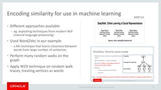 Copyright © 2019 Oracle and/or its affiliates. All rights reserved. |
Encoding similarity for use in machine learning
• Different approaches available
– eg. exploiting techniques from modern NLP
(natural language processing)
• Used Word2Vec in our example
– a ML technique that learns closeness between
words from large number of sentences
• Perform many random walks on the
graph
• Apply W2V technique on random walk
traces, treating vertices as words
19
KDD‘14
 