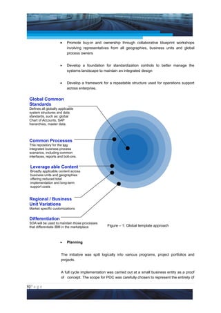 Project Management National Conference 2011                                              PMI India



                      •    Promote buy-in and ownership through collaborative blueprint workshops
                           involving representatives from all geographies, business units and global
                           process owners


                      •    Develop a foundation for standardization controls to better manage the
                           systems landscape to maintain an integrated design


                      •    Develop a framework for a repeatable structure used for operations support
                           across enterprise.


 Global Common
 Standards
 Defines all globally applicable
 system structures and data
 standards, such as: global
 Chart of Accounts, SAP
 hierarchies, master data.




 Common Processes
 This repository for the key
 integrated business process
 scenarios, including common
 interfaces, reports and bolt-ons.


  Leverage able Content
  Broadly applicable content across
  business units and geographies
  offering reduced total
  implementation and long-term
  support costs


 Regional / Business
 Unit Variations
 Market specific customizations


 Differentiation
 SOA will be used to maintain those processes
 that differentiate IBM in the marketplace         Figure – 1: Global template approach



                      •    Planning


                       The initiative was spilt logically into various programs, project portfolios and
                       projects.


                       A full cycle implementation was carried out at a small business entity as a proof
                       of concept. The scope for POC was carefully chosen to represent the entirety of

8|P a g e
 Application of Select Tools of Psychology for Effective Project Management
 