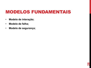 MODELOS FUNDAMENTAIS
• Modelo de interação;

• Modelo de falha;

28

• Modelo de segurança;

 