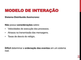 MODELO DE INTERAÇÃO
Sistema Distribuído Assíncrono:

Não possui considerações sobre:
• Velocidades de execução dos processos.
• Atrasos na transmissão das mensagens.
• Taxas de desvio do relógio.

31

Difícil determinar a ordenação dos eventos em um sistema
real.

 