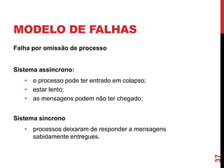 MODELO DE FALHAS
Falha por omissão de processo

Sistema assíncrono:
• o processo pode ter entrado em colapso;
• estar lento;
• as mensagens podem não ter chegado;
Sistema síncrono

37

• processos deixaram de responder a mensagens
sabidamente entregues.

 