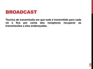 BROADCAST

19

Técnica de transmissão em que tudo é transmitido para cada
nó e fica por conta dos receptores recuperar as
transmissões a eles endereçadas.

 