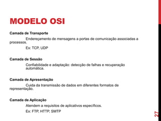 MODELO OSI
Camada de Transporte
Endereçamento de mensagens a portas de comunicação associadas a
processos.
Ex: TCP, UDP
Camada de Sessão
Confiabilidade e adaptação: detecção de falhas e recuperação
automática.
Camada de Apresentação
Cuida da transmissão de dados em diferentes formatos de
representação.
Camada de Aplicação
Ex: FTP, HTTP, SMTP

27

Atendem a requisitos de aplicativos específicos.

 