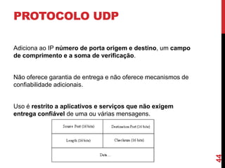 PROTOCOLO UDP
Adiciona ao IP número de porta origem e destino, um campo
de comprimento e a soma de verificação.

Não oferece garantia de entrega e não oferece mecanismos de
confiabilidade adicionais.

44

Uso é restrito a aplicativos e serviços que não exigem
entrega confiável de uma ou várias mensagens.

 