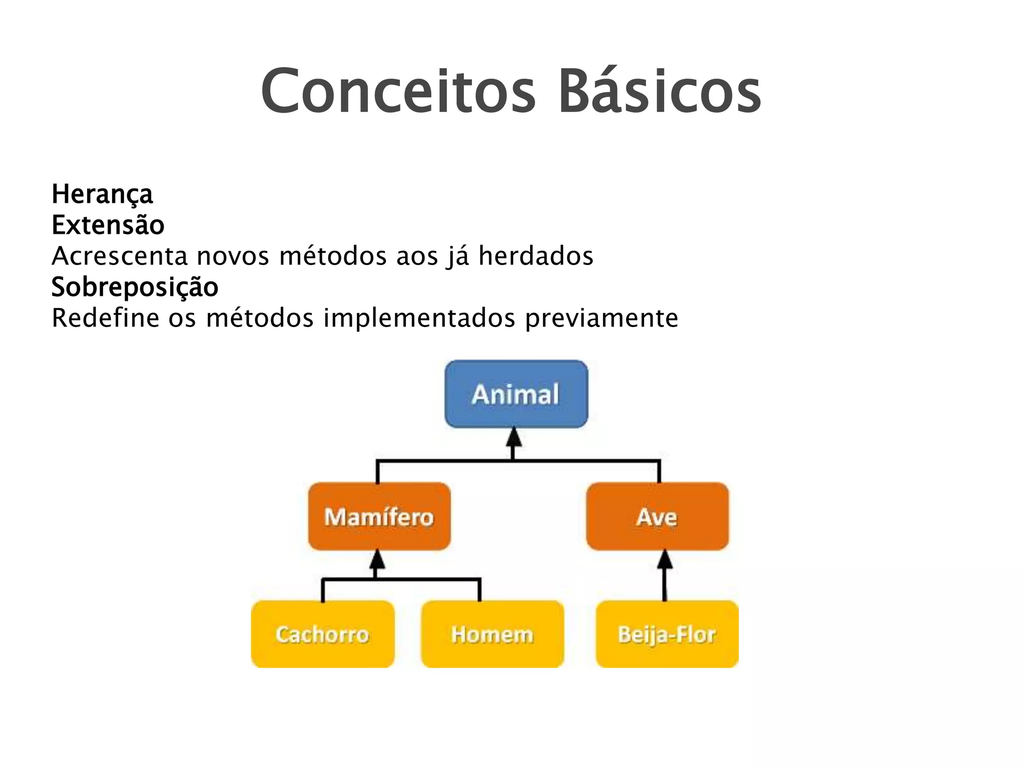 Conceitos Básicos
Herança
Extensão
Acrescenta novos métodos aos já herdados
Sobreposição
Redefine os métodos implementados previamente

 