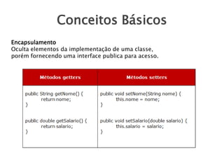 Conceitos Básicos
Encapsulamento
Oculta elementos da implementação de uma classe,
porém fornecendo uma interface publica para acesso.

 