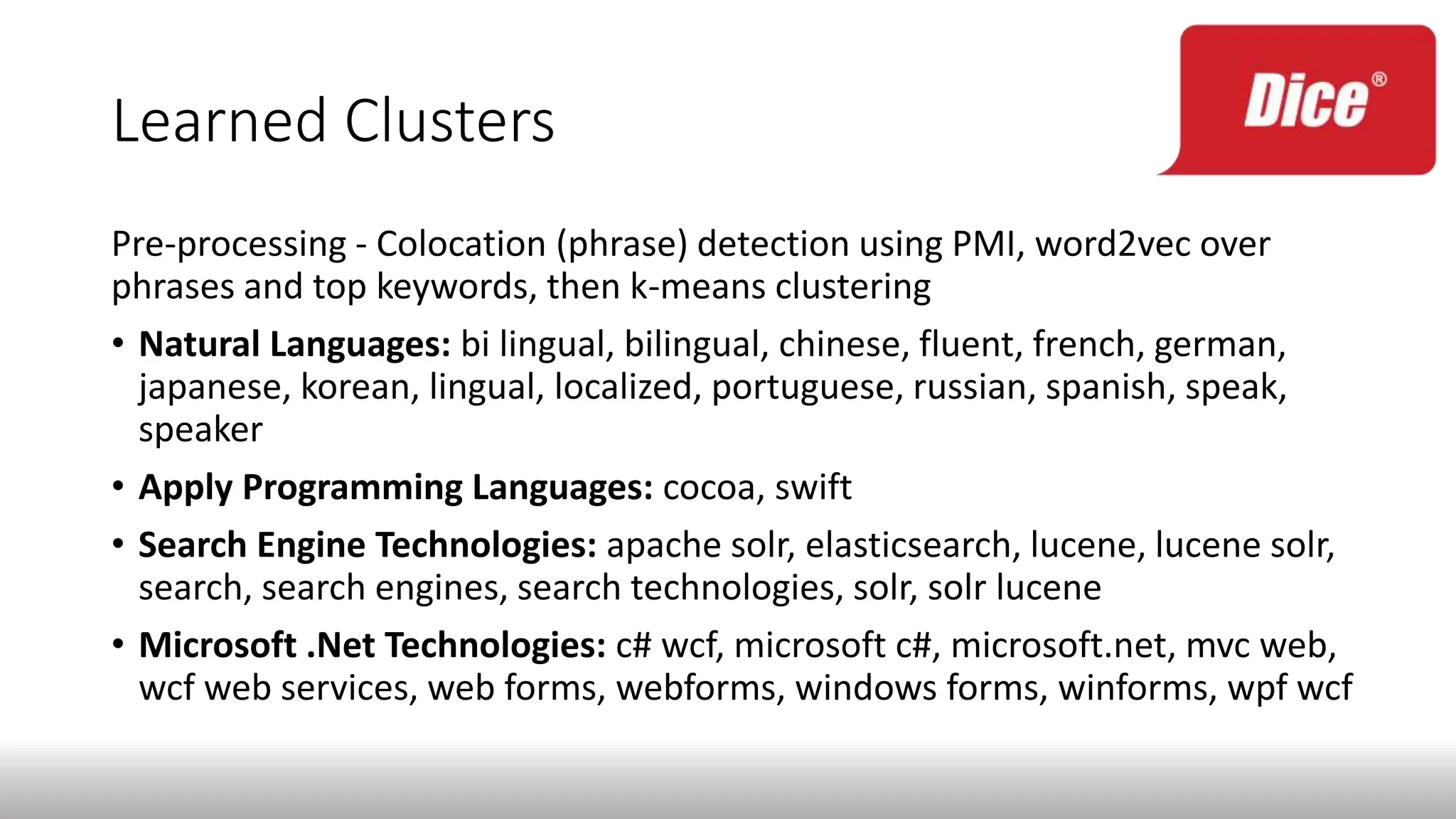 Learned Clusters
Pre-processing - Colocation (phrase) detection using PMI, word2vec over
phrases and top keywords, then k-means clustering
• Natural Languages: bi lingual, bilingual, chinese, fluent, french, german,
japanese, korean, lingual, localized, portuguese, russian, spanish, speak,
speaker
• Apply Programming Languages: cocoa, swift
• Search Engine Technologies: apache solr, elasticsearch, lucene, lucene solr,
search, search engines, search technologies, solr, solr lucene
• Microsoft .Net Technologies: c# wcf, microsoft c#, microsoft.net, mvc web,
wcf web services, web forms, webforms, windows forms, winforms, wpf wcf
 