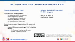 MATATAG Curriculum Training | 2024
Program Management Team
Curriculum and Teaching Strand
Bureau of Curriculum Development
Bureau of Learning Delivery
Bureau of Education Assessment
Bureau of Alternative Education
Bureau of Learning Resources
Human Resources and Organizational Development
Strand
National Educators Academy of the Philippines
(NEAP)
Professional Development Division
Quality Assurance Division
Session Guide and Presentation
Deck Developer/s
Marcial M. Acha, Jr.
Lily Rose Y. Rafaila
MATATAG CURRICULUM TRAINING RESOURCE PACKAGE
 
