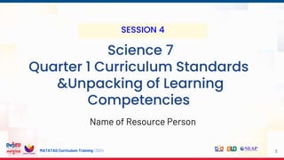MATATAG Curriculum Training | 2024
SESSION 4
Science 7
Quarter 1 Curriculum Standards
&Unpacking of Learning
Competencies
Name of Resource Person
5
 