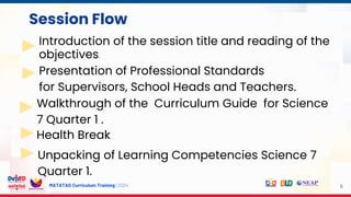 MATATAG Curriculum Training | 2024
Session Flow
Introduction of the session title and reading of the
objectives.
Presentation of Professional Standards
for Supervisors, School Heads and Teachers.
Walkthrough of the Curriculum Guide for Science
7 Quarter 1 .
Unpacking of Learning Competencies Science 7
Quarter 1.
6
Health Break
 
