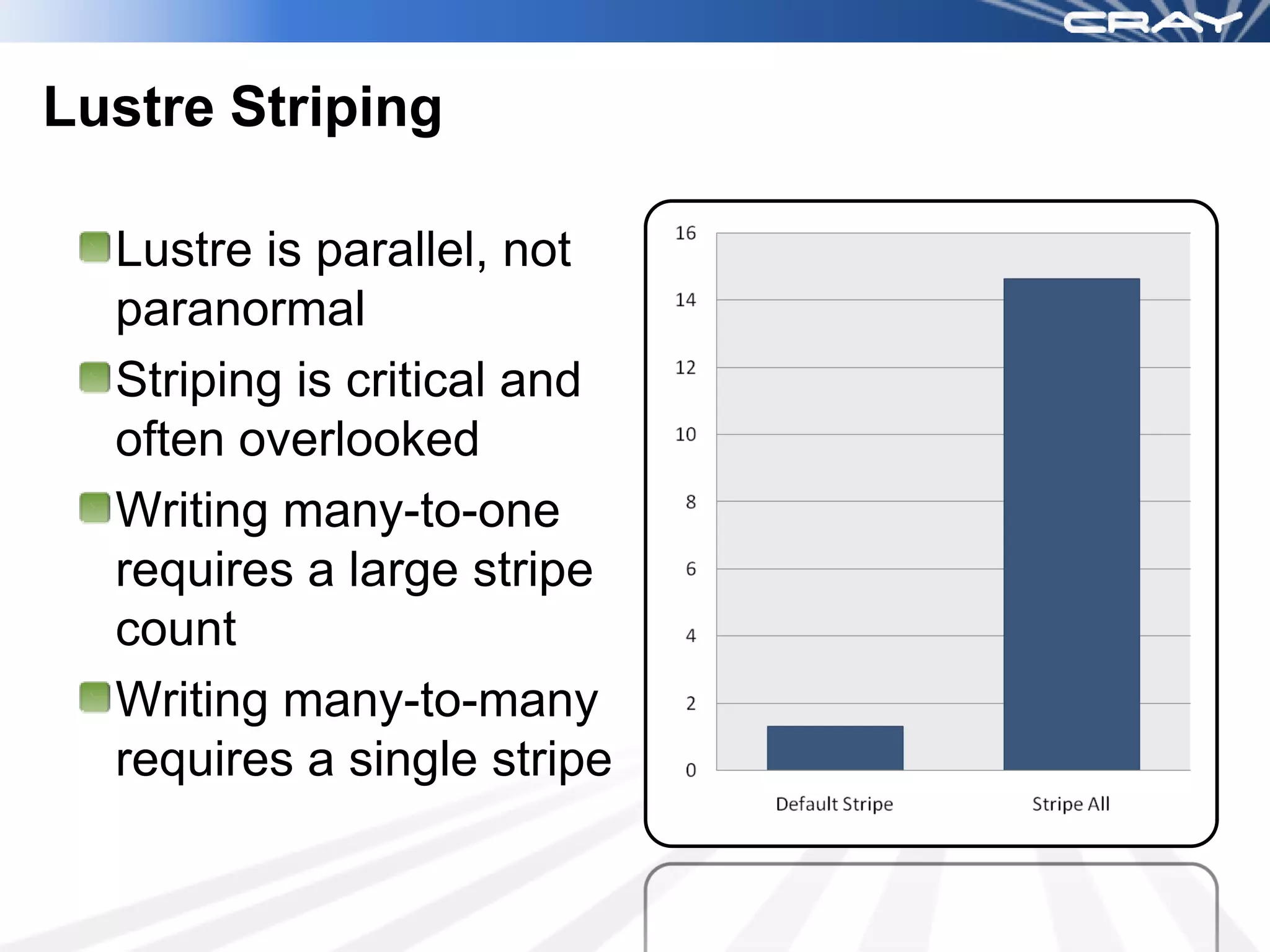 Lustre Striping

  Lustre is parallel, not
  paranormal
  Striping is critical and
  often overlooked
  Writing many-to-one
  requires a large stripe
  count
  Writing many-to-many
  requires a single stripe
 