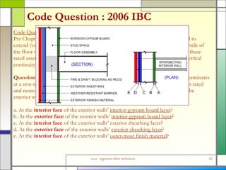 Code Question : 2006 IBC Code Question : 2006 International Building Code   Per Chapter 7 of the IBC, fire barriers (706) and fire partitions (708) are required to  extend (vertically) from the top of the floor/ceiling assembly below to the underside of  the floor or roof slab or deck above.  The horizontal continuity requirements of these  rated assemblies and how they intersect exterior walls are not as explicit as the vertical  continuity requirements.  Question  : In the case where a rated separation (fire barriers or fire partitions) terminates  at a non-rated, noncombustible exterior wall and the supporting floor is also non-rated  and noncombustible, where can this rated separation “terminate” in relation to the  exterior wall?  a. At the  interior face  of the exterior walls’  interior gypsum board layer ?  b. At the  exterior face  of the exterior walls’  interior gypsum board layer ?  c. At the  interior face  of the exterior walls’ exterior sheathing layer?  d. At the  exterior face  of the exterior walls’  exterior sheathing layer ?  e. At the  interior face  of the exterior walls’  outer-most finish material ?  