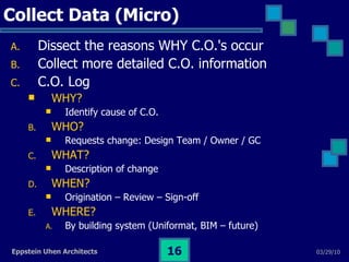 Collect Data (Micro) Dissect the reasons WHY C.O.'s occur Collect more detailed C.O. information C.O. Log WHY?   Identify cause of C.O. WHO? Requests change: Design Team / Owner / GC WHAT? Description of change WHEN? Origination – Review – Sign-off WHERE? By building system (Uniformat, BIM – future) 