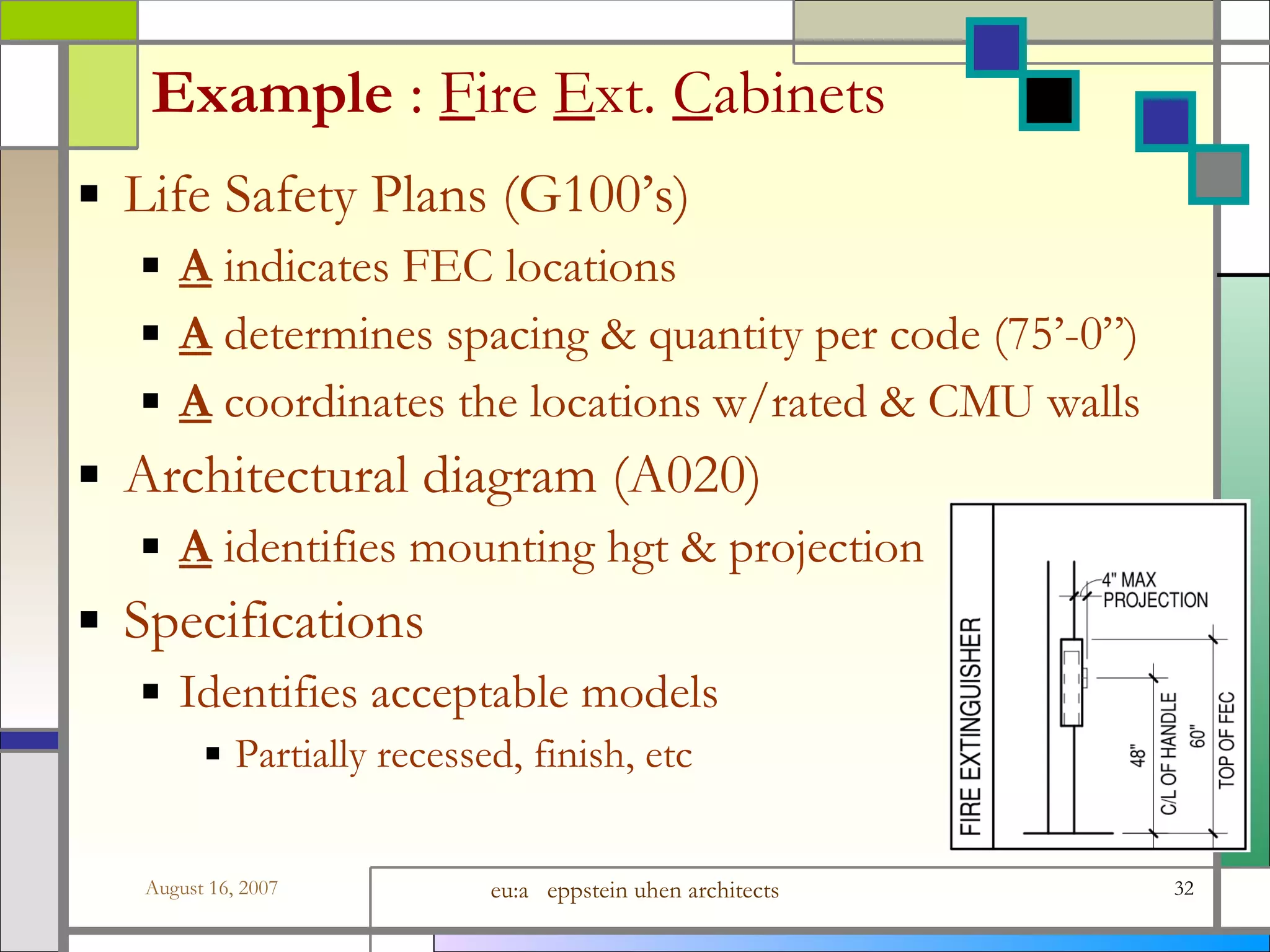 Example  :   F ire  E xt.  C abinets Life Safety Plans (G100’s) A  indicates FEC locations A  determines spacing &amp; quantity per code (75’-0”) A  coordinates the locations w/rated &amp; CMU walls Architectural diagram (A020) A  identifies mounting hgt &amp; projection Specifications Identifies acceptable models  Partially recessed, finish, etc 