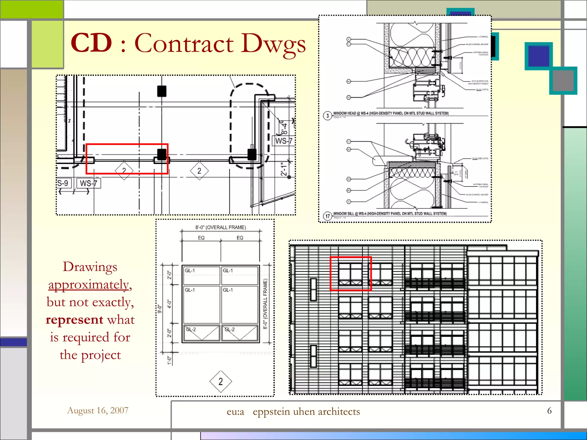 CD  : Contract Dwgs Drawings  approximately , but not exactly,  represent  what is required for the project 