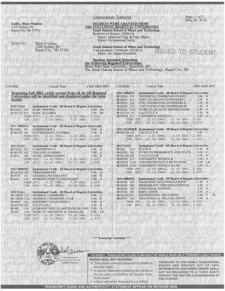 South Dakota School of Mines and Technology Undergraduate Transcript PDF