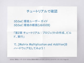 チュートリアルで確認
SDSoC 環境ユーザー ガイド
SDSoC 環境の概要(UG1028)
「第2章 チュートリアル : プロジェクトの作成、ビル
ド、実行」
で、[Matrix Multiplication and Addition]を
ハードウェア化してみよう！
SDReleaseではなく、SDDebugで
SDSoC 環境ユーザーガイド SDSoC環境の概要 UG1028 (v2016.2) 2016 年 7 月 13 日, Page.20
 