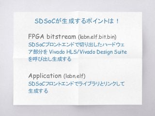 SDSoCが生成するポイントは！
FPGA bitstream (labn.elf.bit.bin)
SDSoCプロントエンドで切り出したハードウェ
ア部分を Vivado HLS/Vivado Design Suite
を呼び出し生成する
Application (labn.elf)
SDSoCフロントエンドでライブラリとリンクして
生成する
 