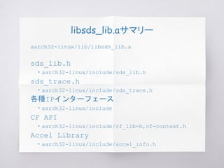 libsds_lib.aサマリー
aarch32-linux/lib/libsds_lib.a
sds_lib.h
　・aarch32-linux/include/sds_lib.h
sds_trace.h
　・aarch32-linux/include/sds_trace.h
各種IPインターフェース
　・aarch32-linux/include
CF API
　・aarch32-linux/include/cf_lib-h,cf-context.h
Accel Library
　・aarch32-linux/include/accel_info.h
 