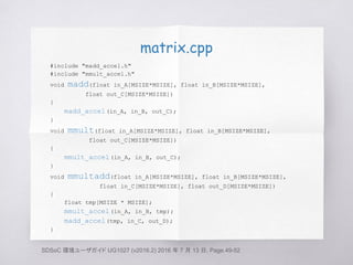 matrix.cpp
#include "madd_accel.h"
#include "mmult_accel.h"
void madd(float in_A[MSIZE*MSIZE], float in_B[MSIZE*MSIZE],
float out_C[MSIZE*MSIZE])
{
madd_accel(in_A, in_B, out_C);
}
void mmult(float in_A[MSIZE*MSIZE], float in_B[MSIZE*MSIZE],
float out_C[MSIZE*MSIZE])
{
mmult_accel(in_A, in_B, out_C);
}
void mmultadd(float in_A[MSIZE*MSIZE], float in_B[MSIZE*MSIZE],
float in_C[MSIZE*MSIZE], float out_D[MSIZE*MSIZE])
{
float tmp[MSIZE * MSIZE];
mmult_accel(in_A, in_B, tmp);
madd_accel(tmp, in_C, out_D);
}
SDSoC 環境ユーザガイド UG1027 (v2016.2) 2016 年 7 月 13 日, Page.49-52
 